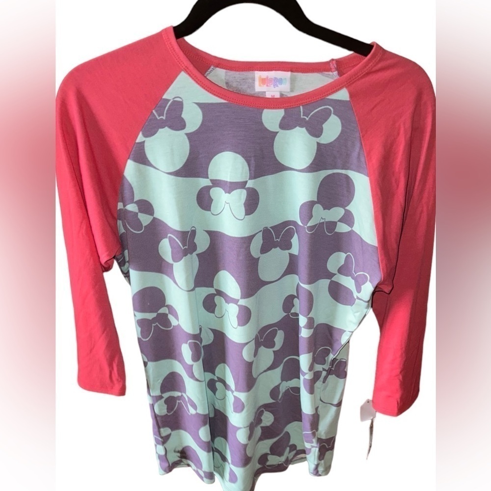 Lularoe Size M Minnie Mouse Disney Randy tee, coral sleeve, mint & lavender body